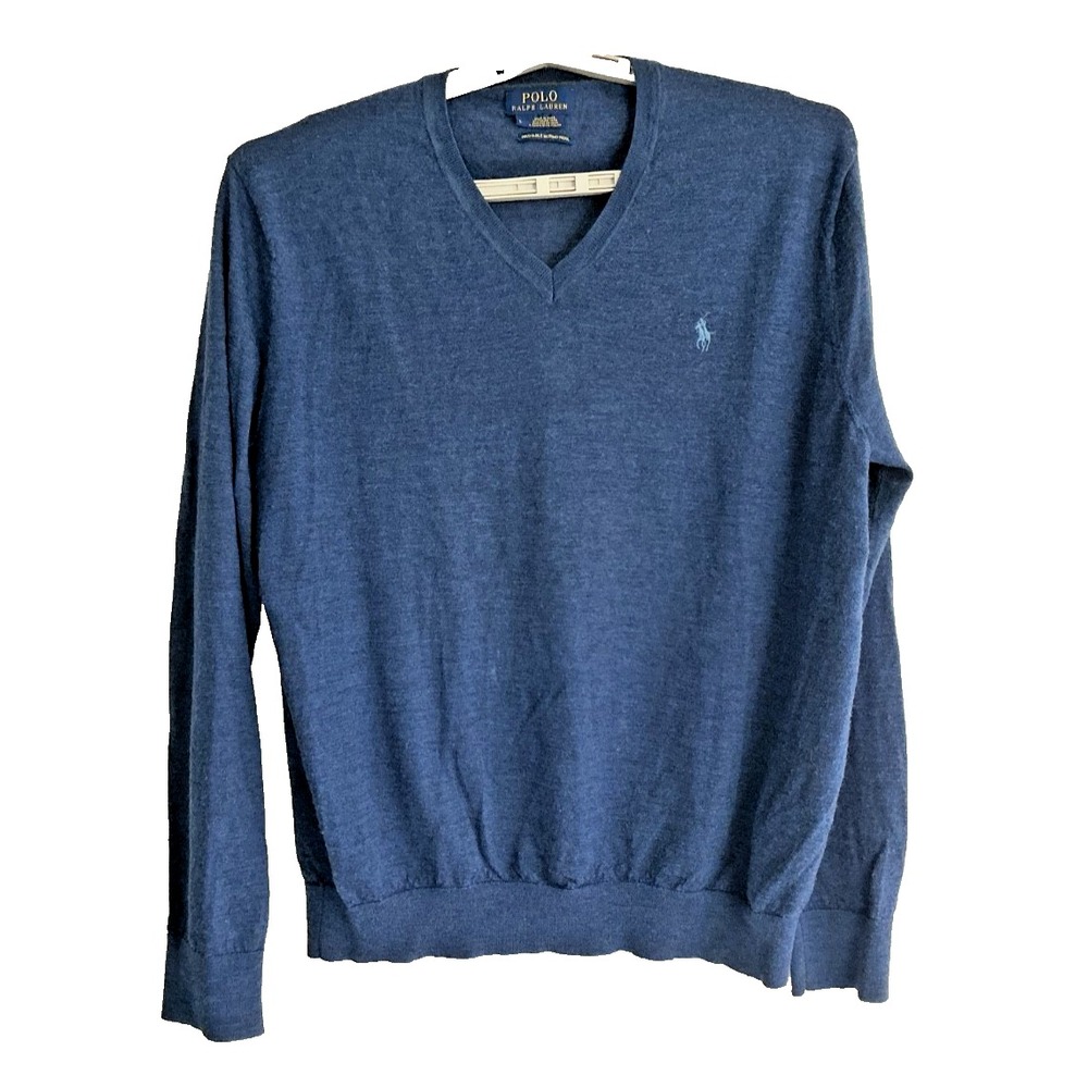 Polo Ralph Lauren Mens Blue Washable Merino Wool V-Neck Sweater Large Pony Logo
